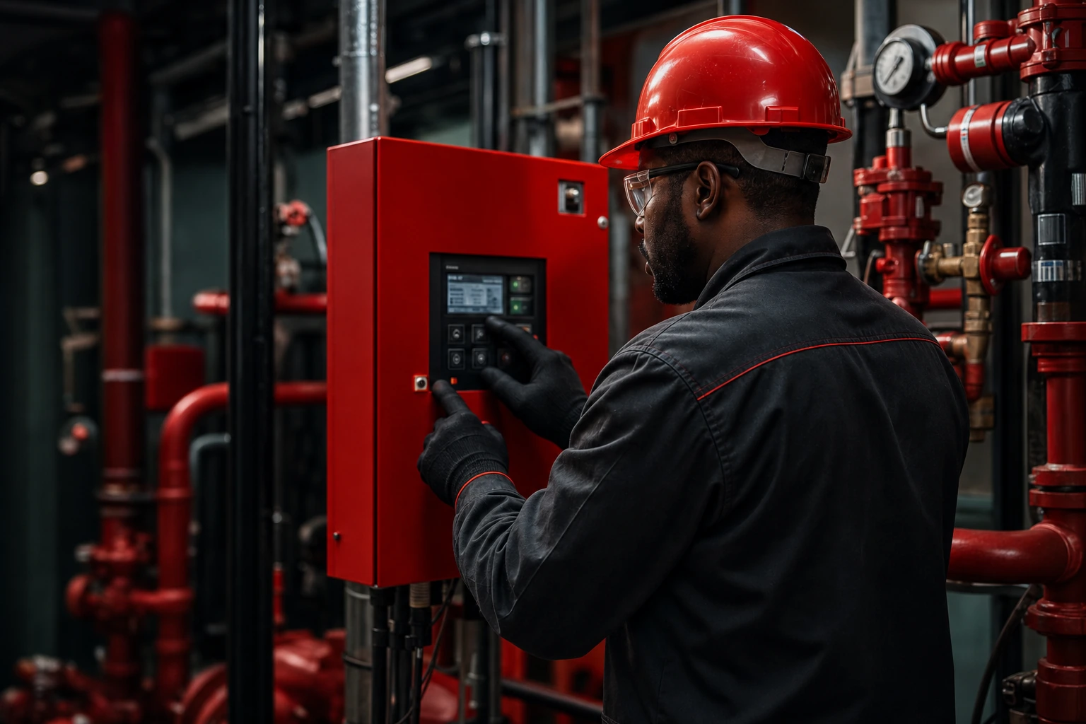 Fire protection technician operating an industrial fire alarm control panel
