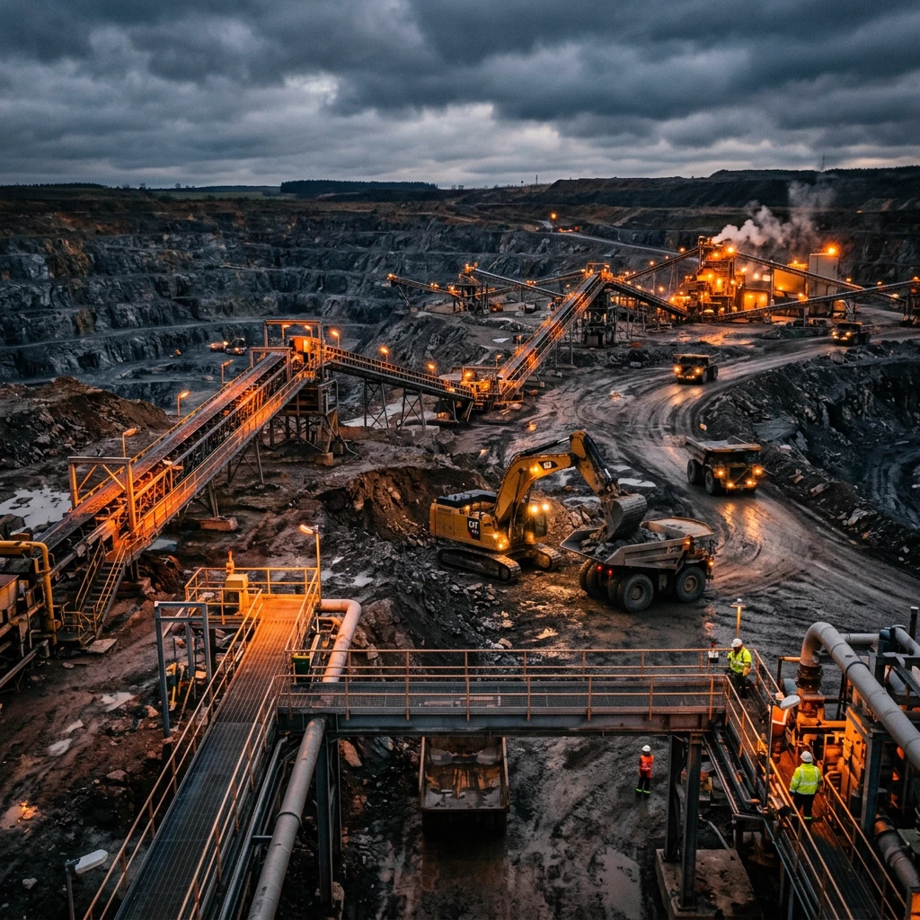 Open-pit mining operation at dusk