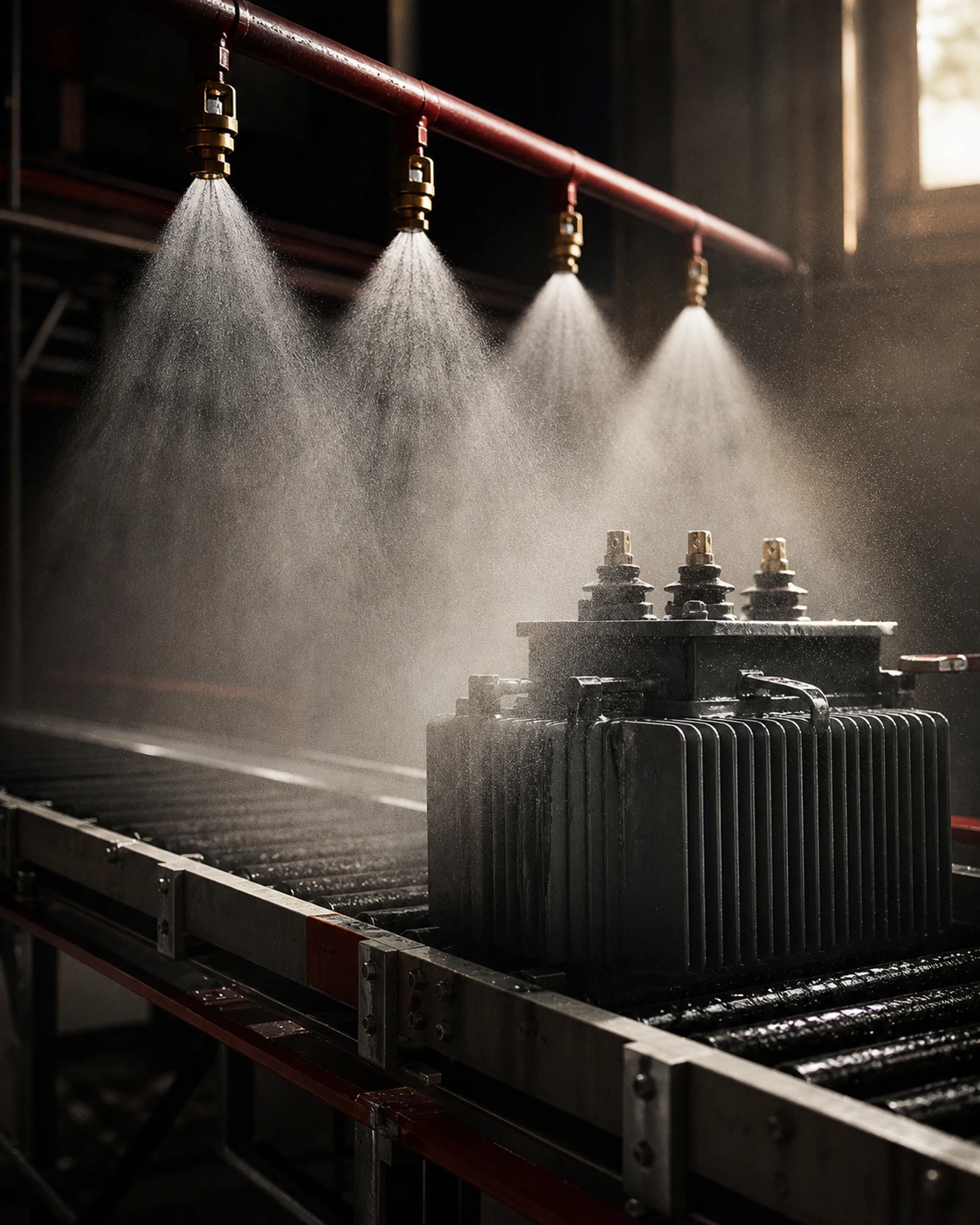 Deluge spray nozzles protecting industrial equipment