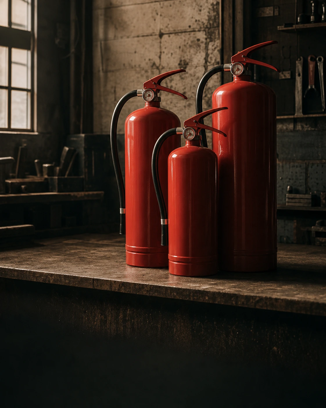 Red fire extinguishers and pressure gauge