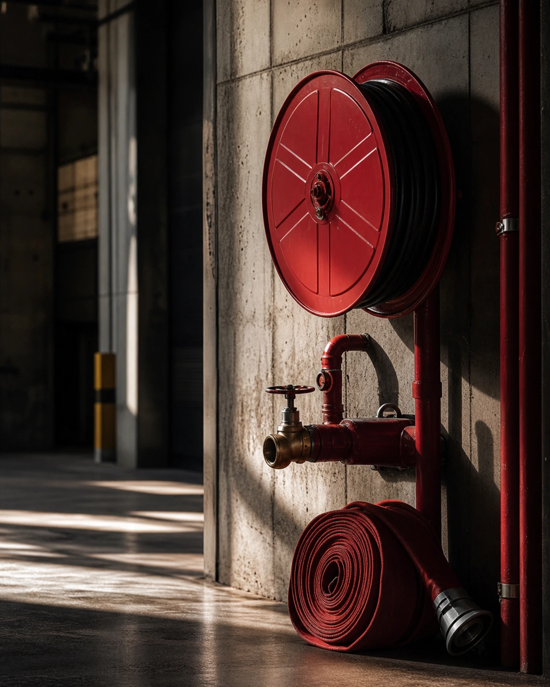 Red fire hose reel and hydrant valve